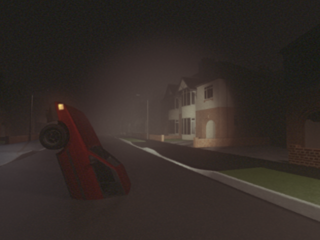 The Empty Halls Screenshot - Foggy Suburban Street with Overturned Red Car